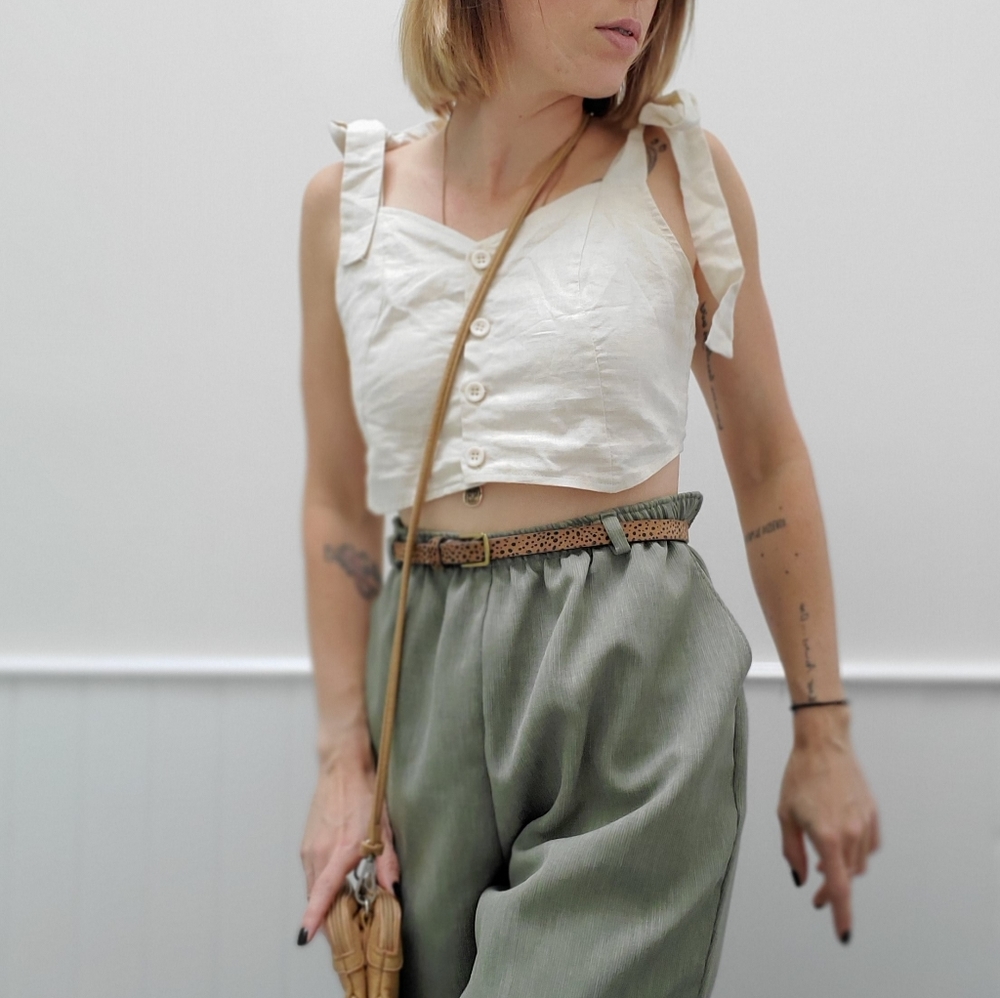 Linen cream-colored button-down crop top